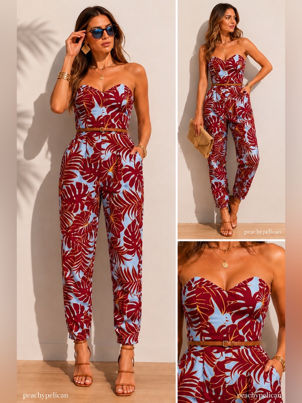 H&M Conscious Tropical Leaf Strapless Jumpsuit Size 10 Resort Vacation Romper
